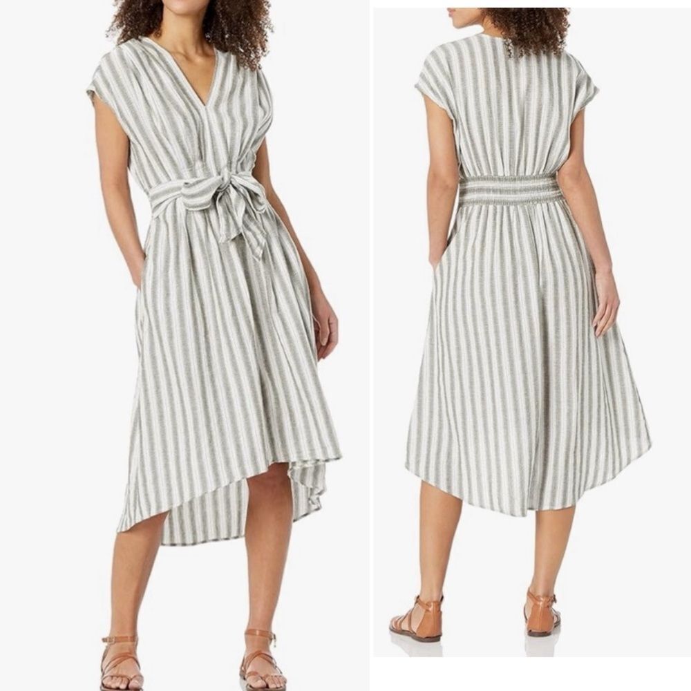 MAX STUDIO Olive Green Striped V-Neck Waist Tie Dress-M NWT!